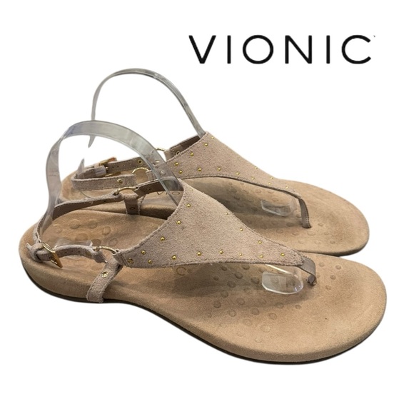 Vionic Margot Suede Gold Studs Adjustable Backstrap Women's T-Strap Sandals 11 - Picture 2 of 6